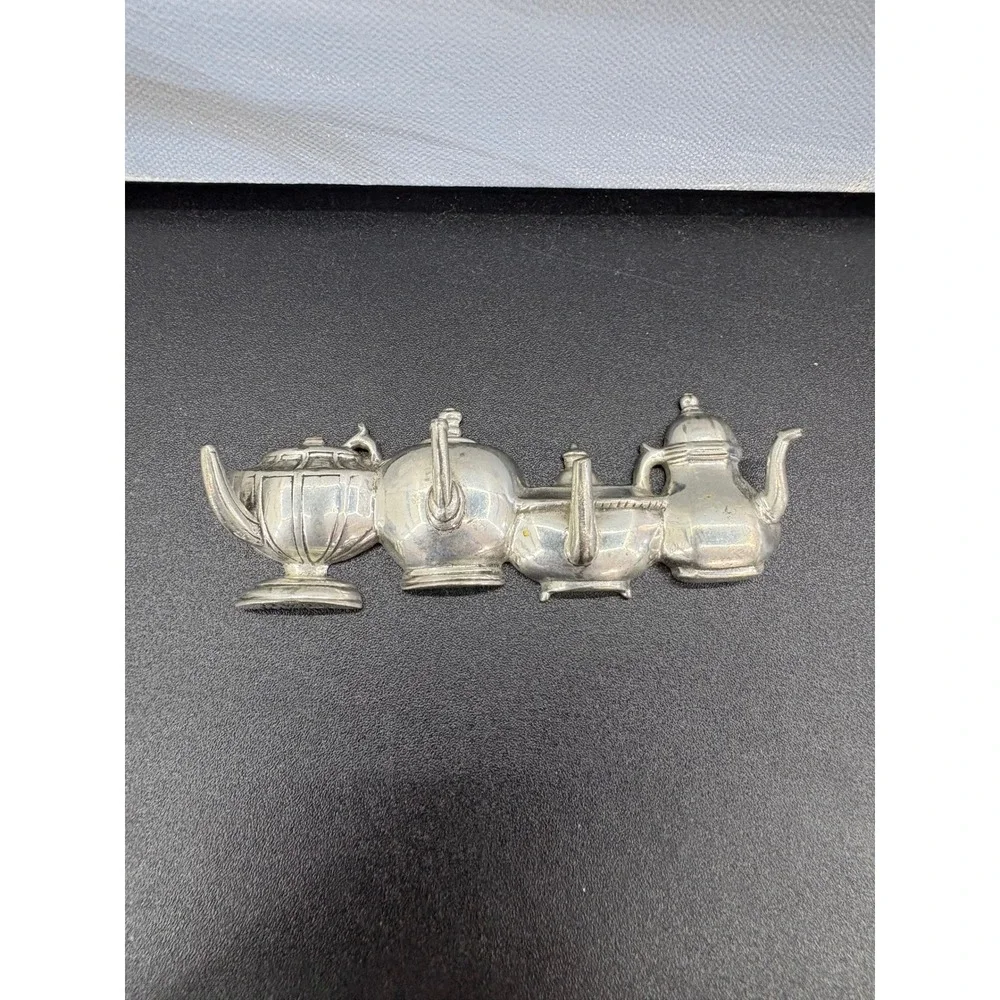 Vintage Silver Tone Teapot Row Wall Hook Decorative Key Rack Cottagecore 4 Inch
